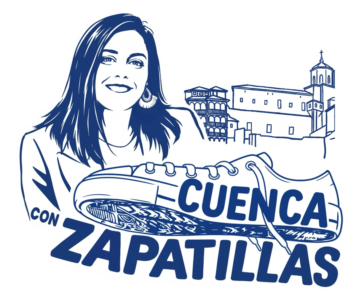 Ilustración de Beatriz Jiménez junto al casco antiguo de Cuenca y una zapatilla con el lema Cuenca con Zapatillas